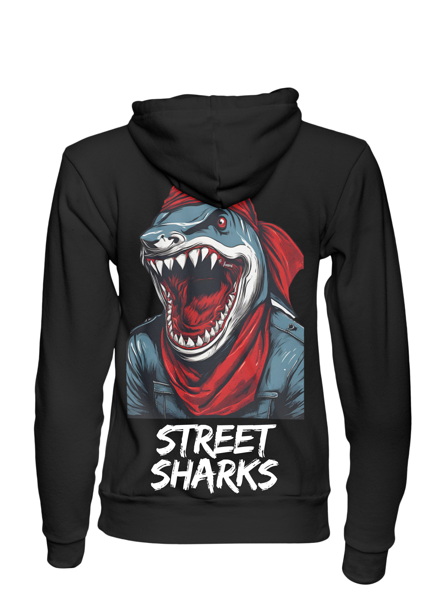 Felpa nera Street Sharks con stampa grafica di squalo aggressivo in stile streetwear e bandana rossa